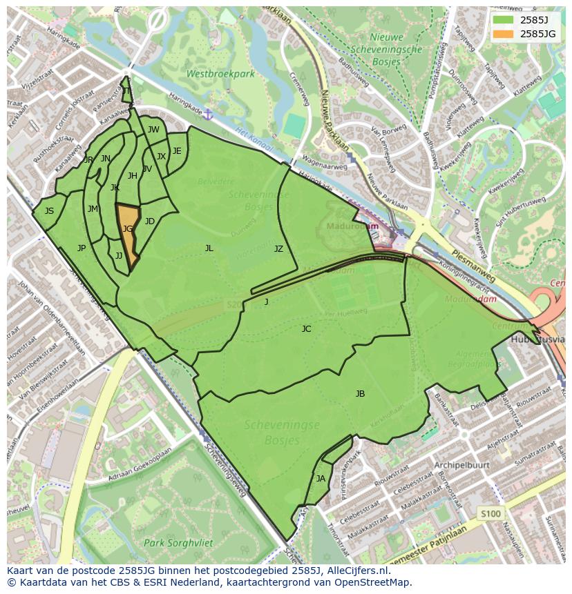 Afbeelding van het postcodegebied 2585 JG op de kaart.