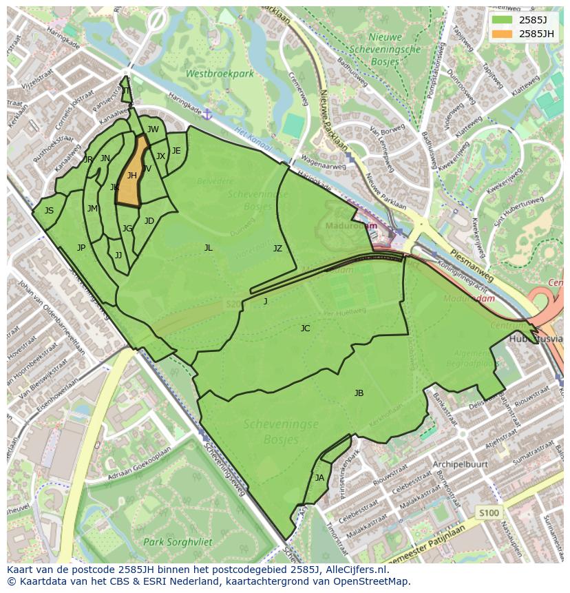 Afbeelding van het postcodegebied 2585 JH op de kaart.