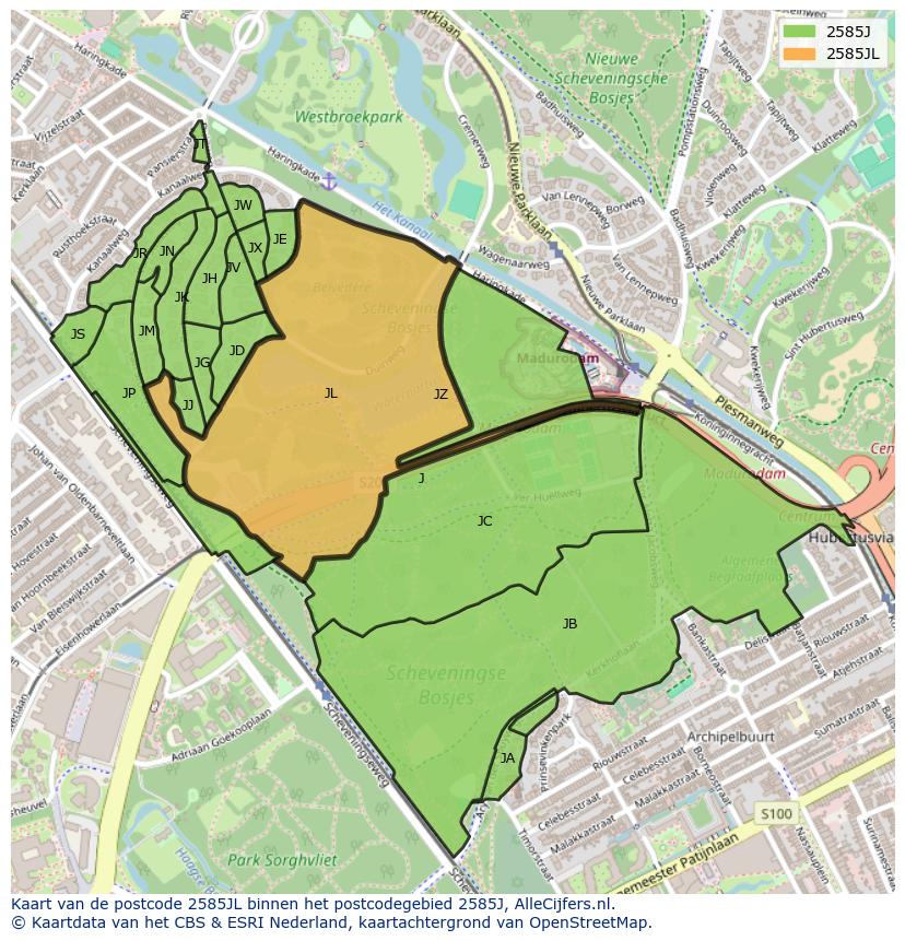 Afbeelding van het postcodegebied 2585 JL op de kaart.