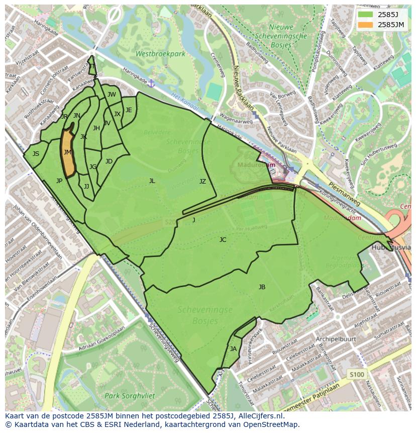 Afbeelding van het postcodegebied 2585 JM op de kaart.