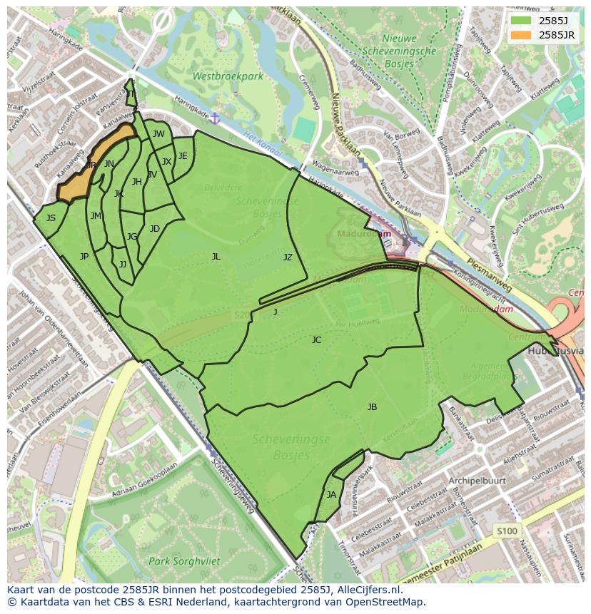Afbeelding van het postcodegebied 2585 JR op de kaart.