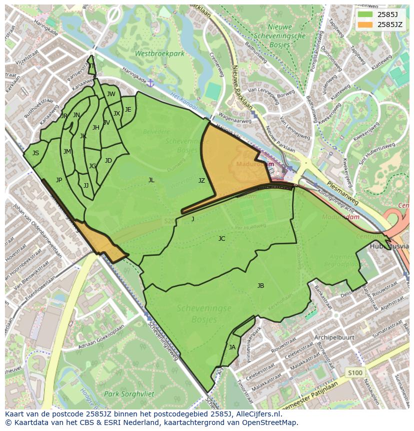 Afbeelding van het postcodegebied 2585 JZ op de kaart.