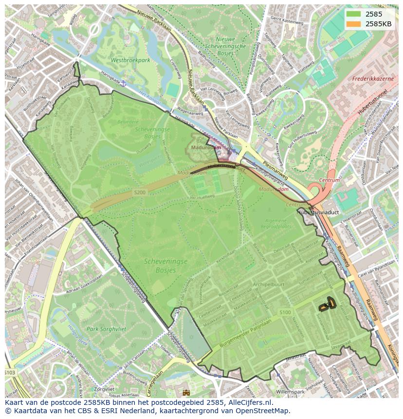 Afbeelding van het postcodegebied 2585 KB op de kaart.