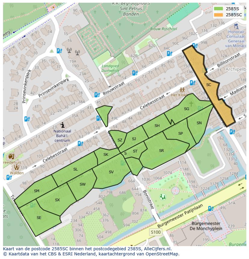 Afbeelding van het postcodegebied 2585 SC op de kaart.