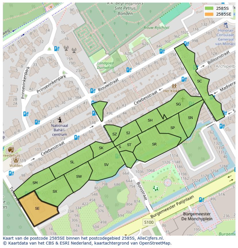 Afbeelding van het postcodegebied 2585 SE op de kaart.