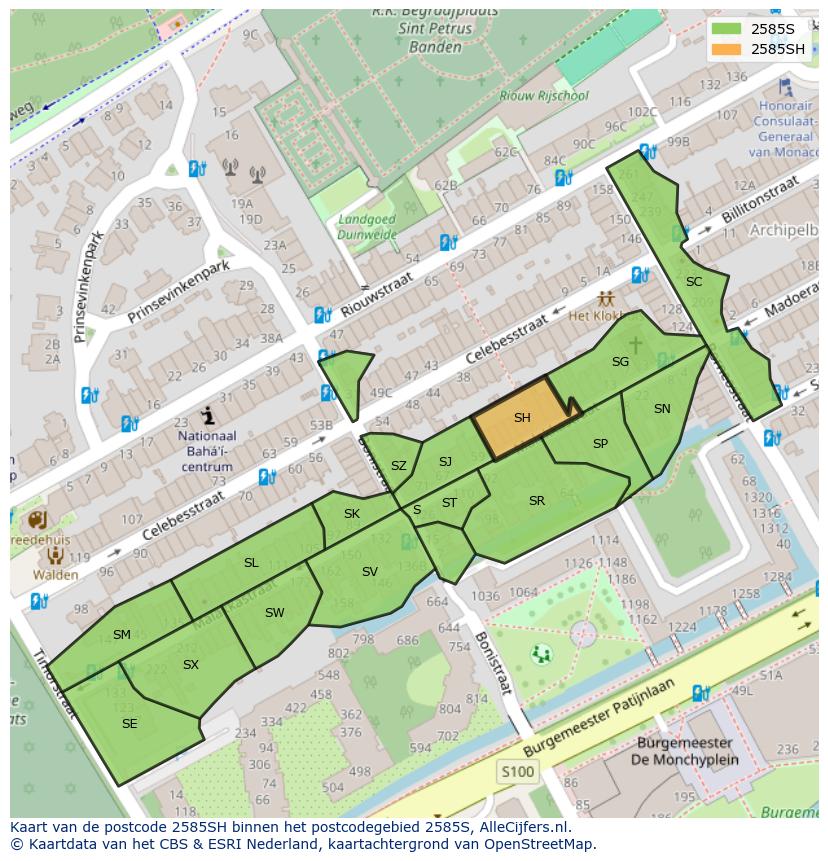 Afbeelding van het postcodegebied 2585 SH op de kaart.