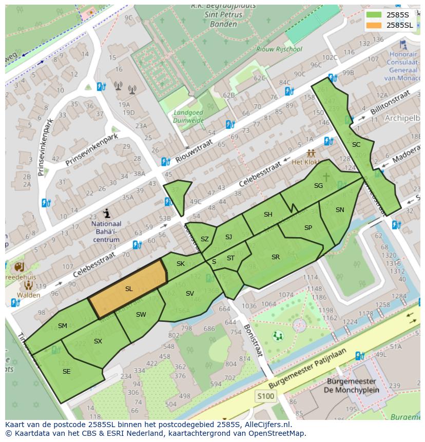 Afbeelding van het postcodegebied 2585 SL op de kaart.