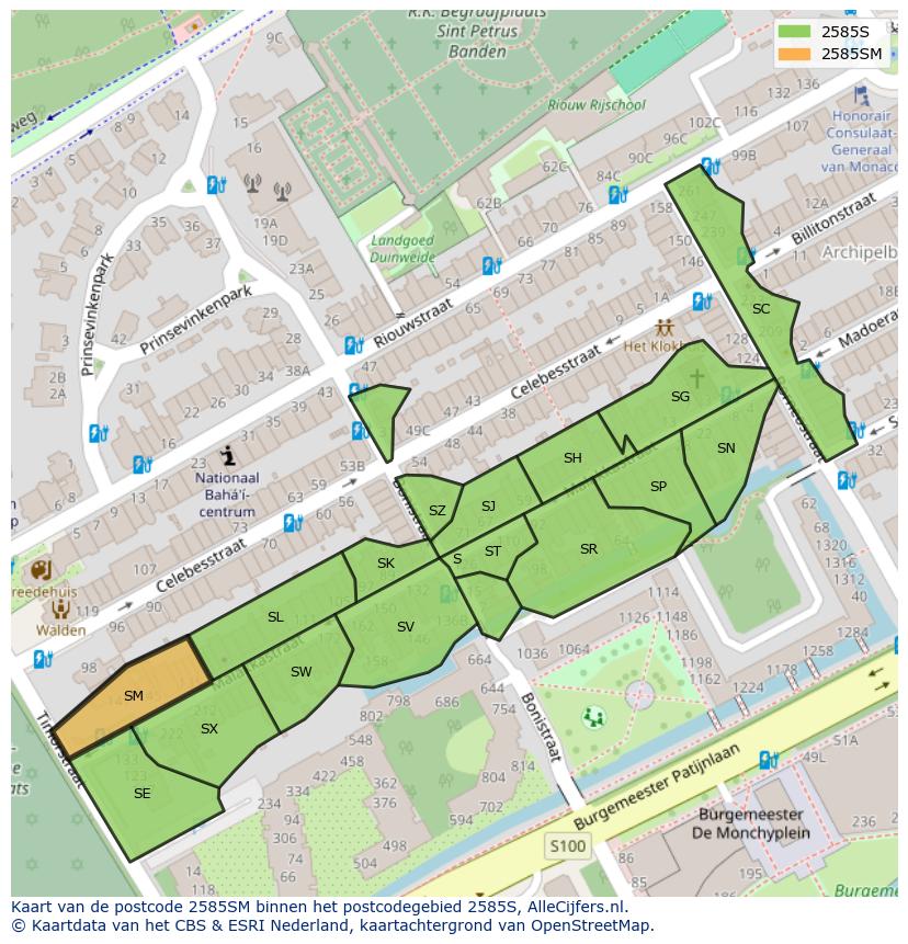 Afbeelding van het postcodegebied 2585 SM op de kaart.