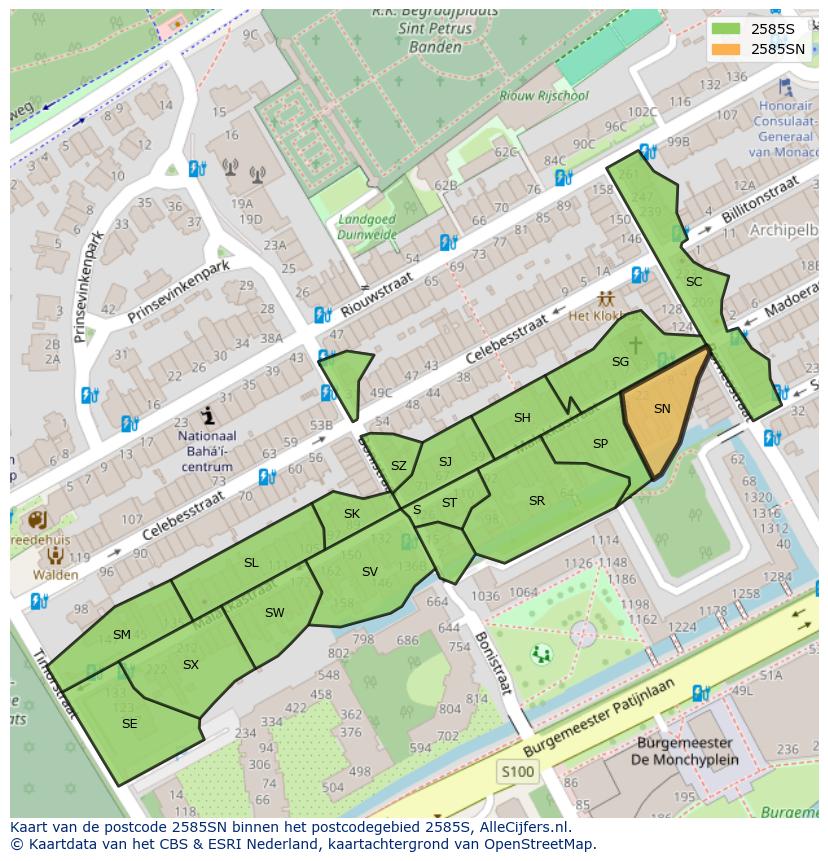 Afbeelding van het postcodegebied 2585 SN op de kaart.
