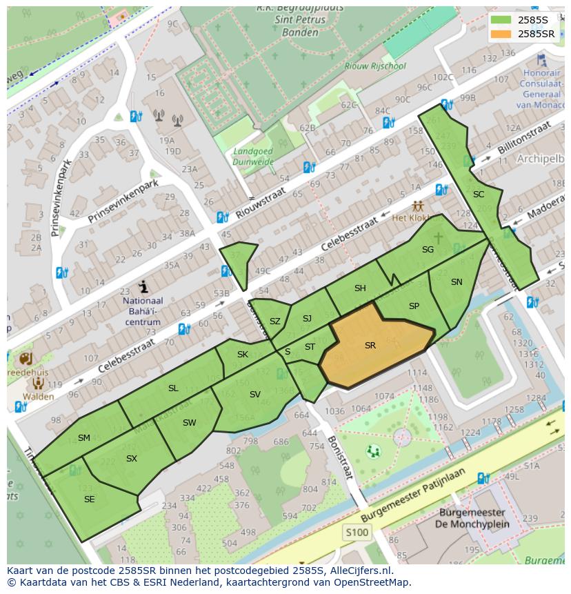Afbeelding van het postcodegebied 2585 SR op de kaart.
