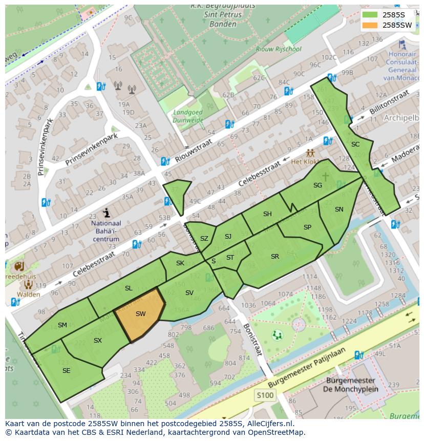 Afbeelding van het postcodegebied 2585 SW op de kaart.