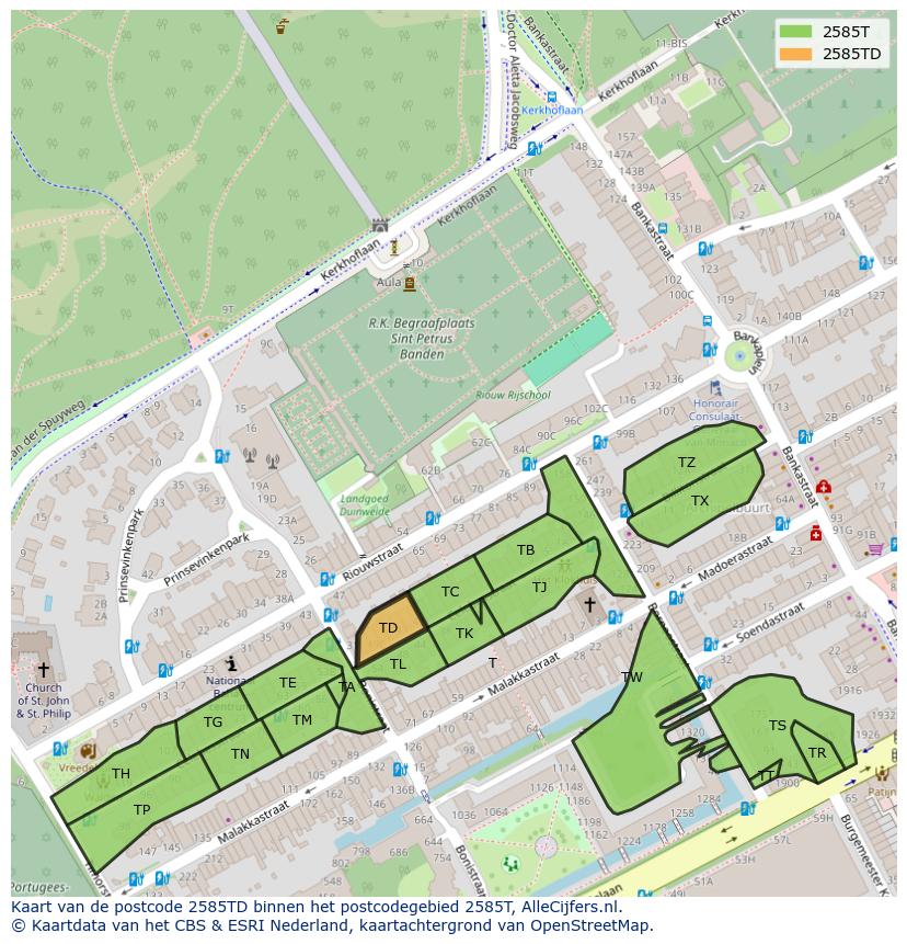 Afbeelding van het postcodegebied 2585 TD op de kaart.