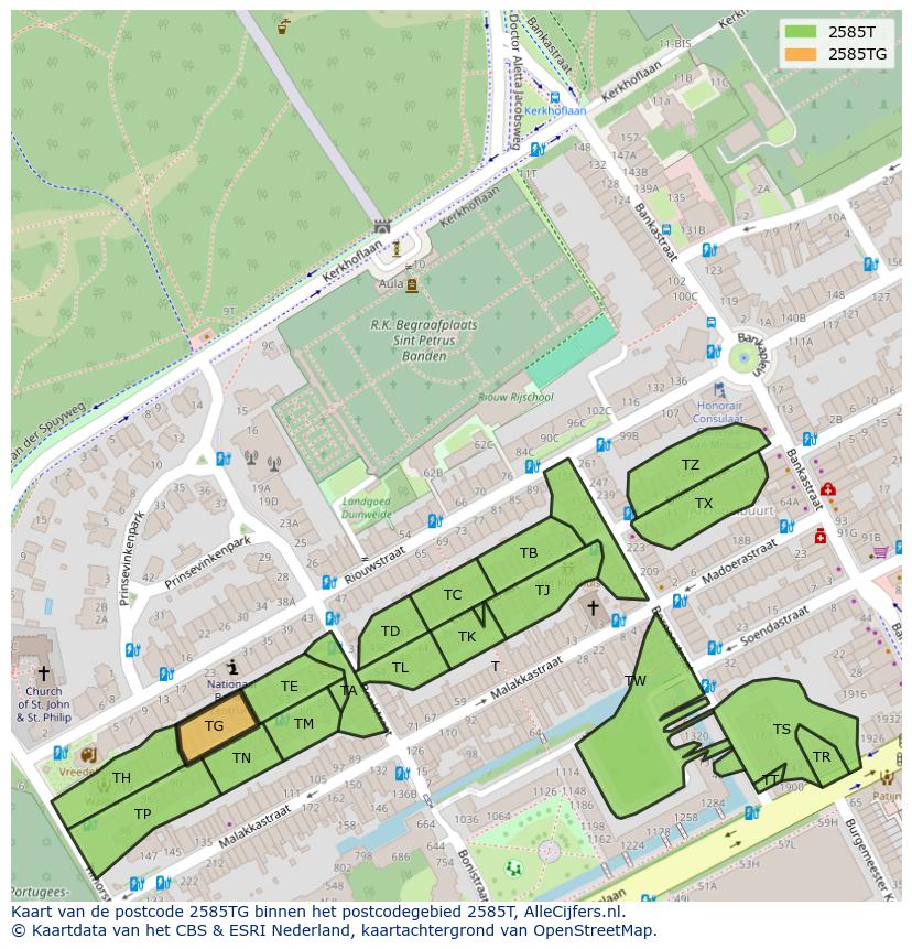 Afbeelding van het postcodegebied 2585 TG op de kaart.