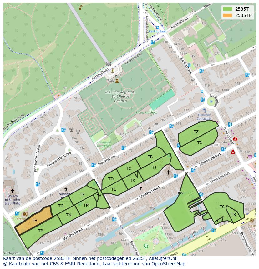 Afbeelding van het postcodegebied 2585 TH op de kaart.