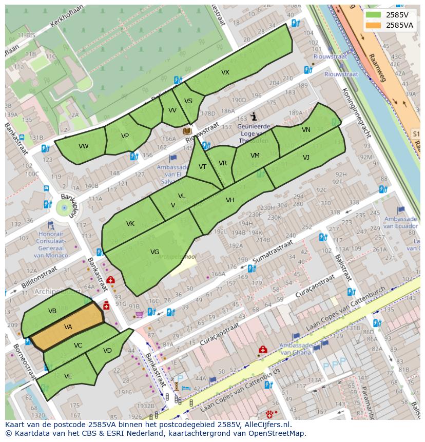 Afbeelding van het postcodegebied 2585 VA op de kaart.