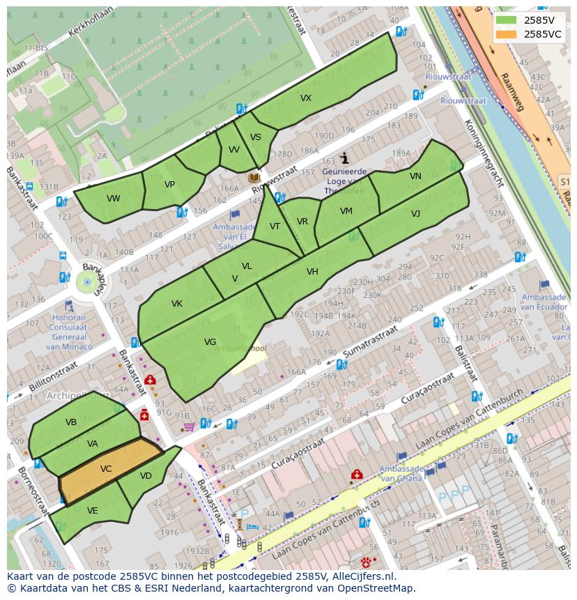 Afbeelding van het postcodegebied 2585 VC op de kaart.