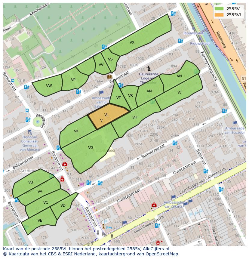 Afbeelding van het postcodegebied 2585 VL op de kaart.