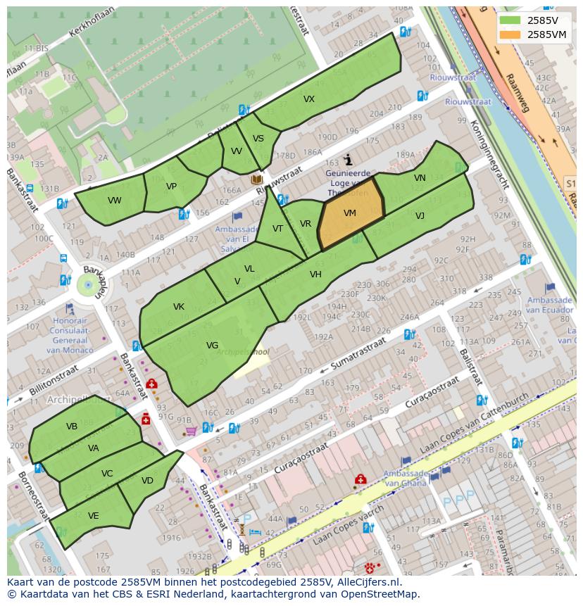 Afbeelding van het postcodegebied 2585 VM op de kaart.