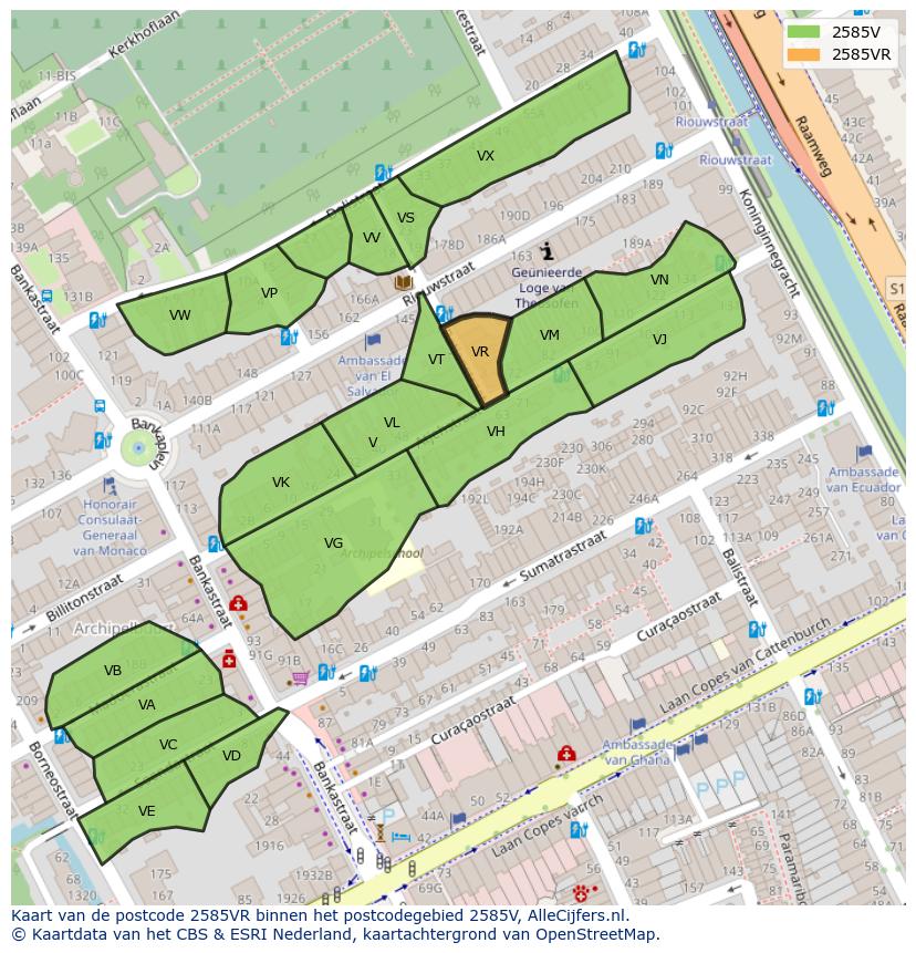 Afbeelding van het postcodegebied 2585 VR op de kaart.