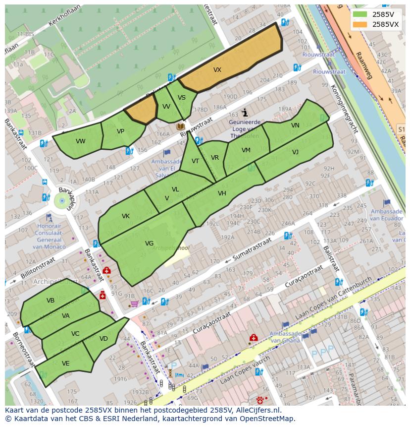 Afbeelding van het postcodegebied 2585 VX op de kaart.