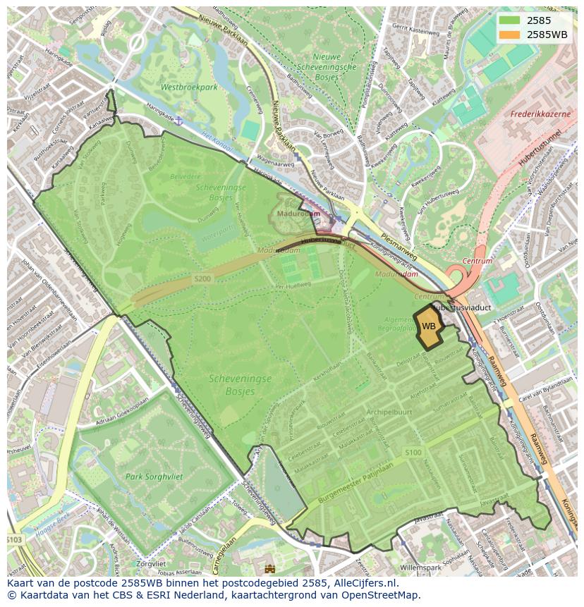 Afbeelding van het postcodegebied 2585 WB op de kaart.