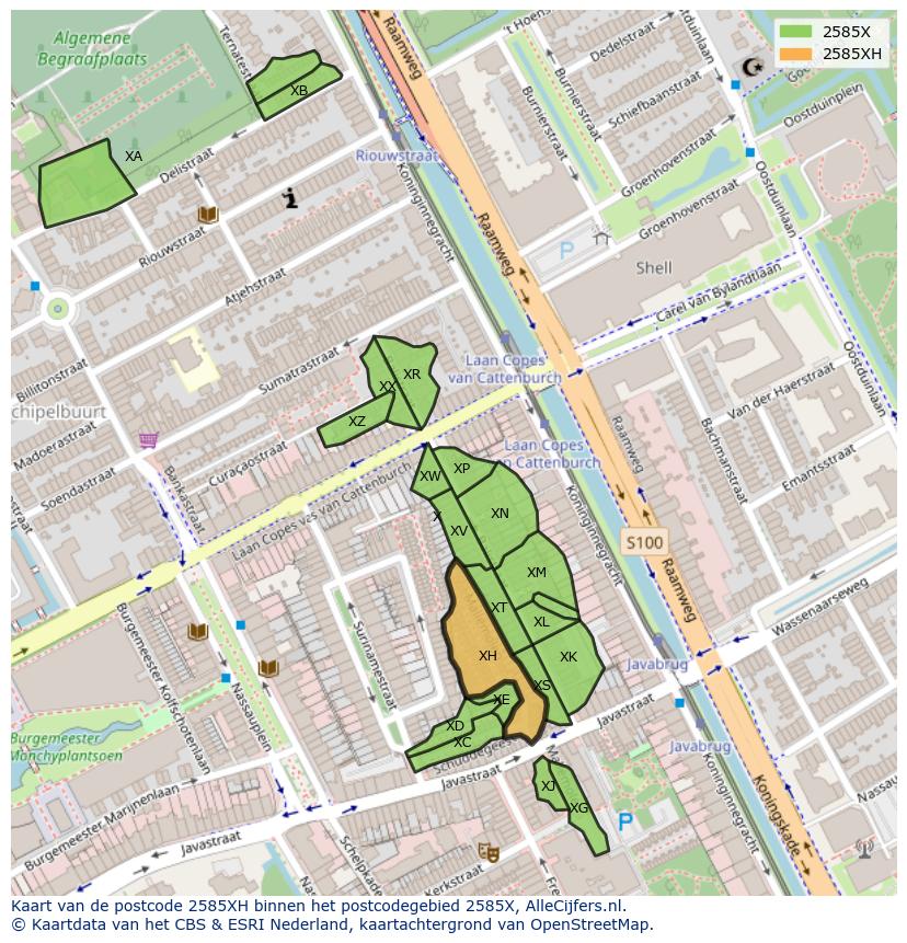 Afbeelding van het postcodegebied 2585 XH op de kaart.