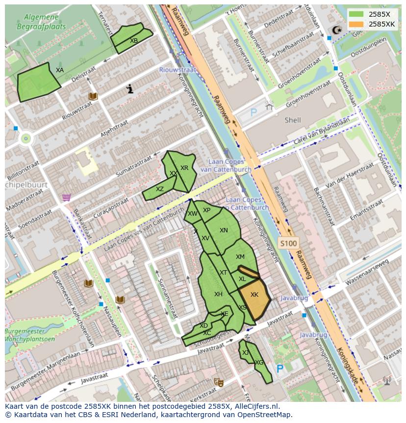 Afbeelding van het postcodegebied 2585 XK op de kaart.