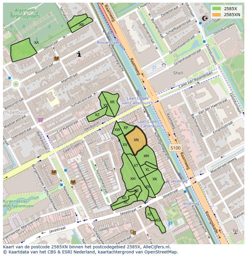 Afbeelding van het postcodegebied 2585 XN op de kaart.