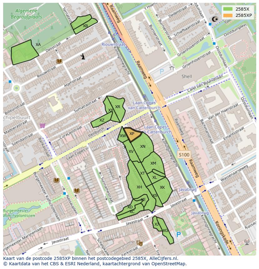 Afbeelding van het postcodegebied 2585 XP op de kaart.