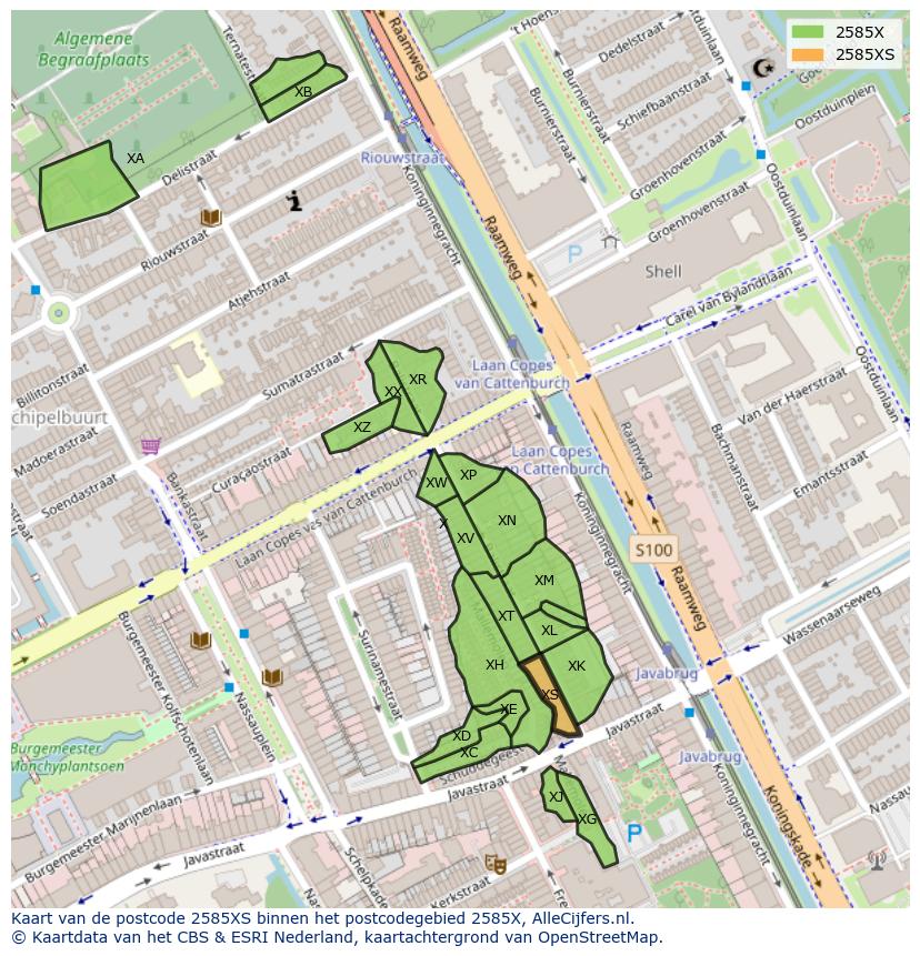 Afbeelding van het postcodegebied 2585 XS op de kaart.