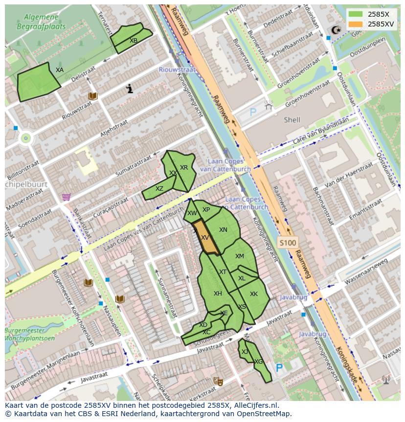 Afbeelding van het postcodegebied 2585 XV op de kaart.
