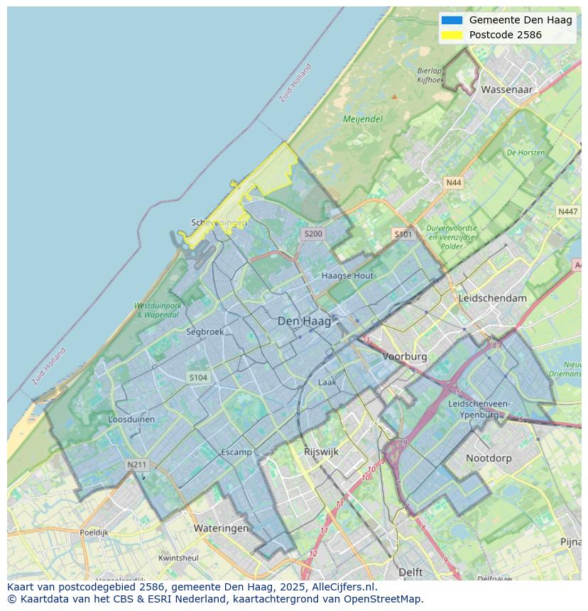 Afbeelding van het postcodegebied 2586 op de kaart.