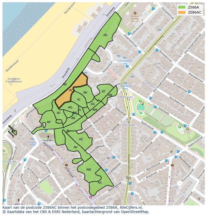 Afbeelding van het postcodegebied 2586 AC op de kaart.