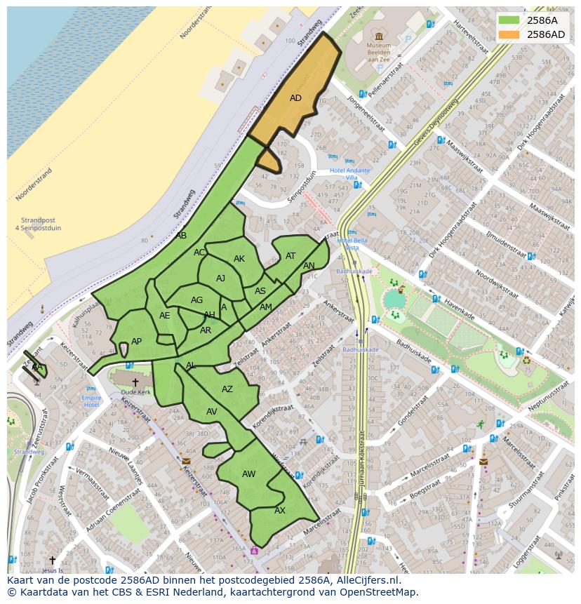 Afbeelding van het postcodegebied 2586 AD op de kaart.