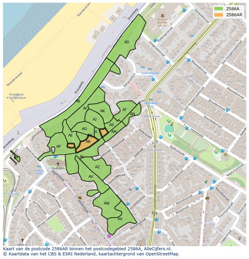 Afbeelding van het postcodegebied 2586 AR op de kaart.