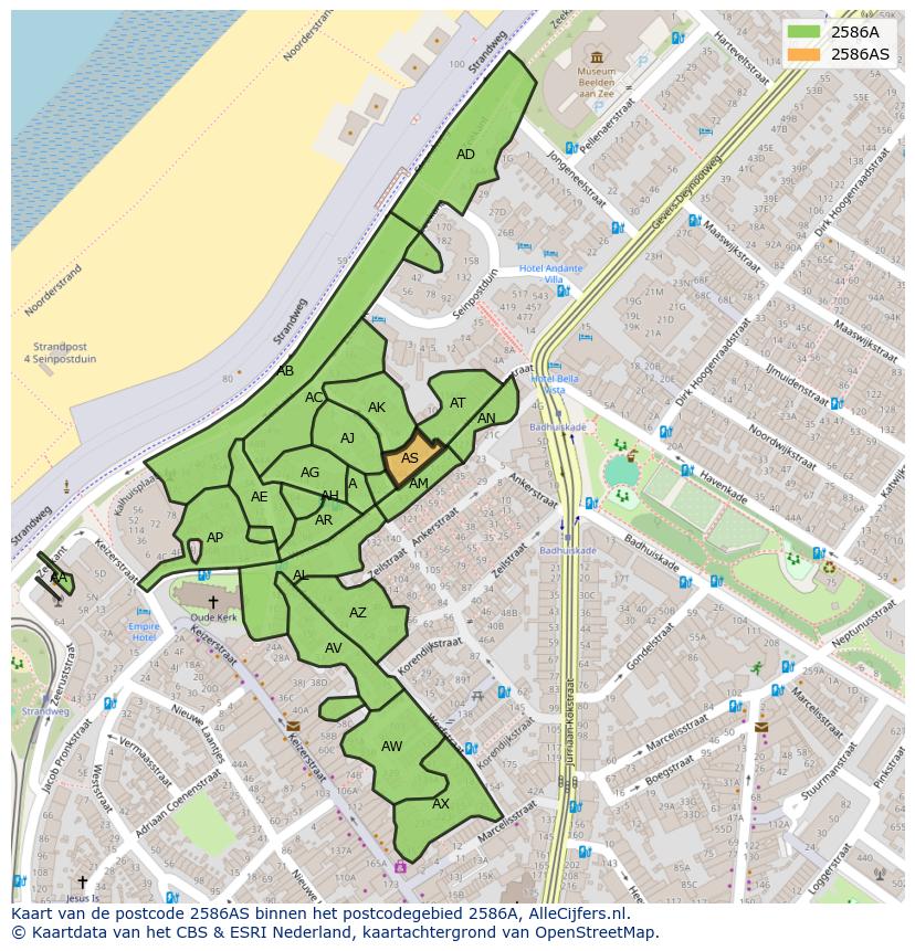 Afbeelding van het postcodegebied 2586 AS op de kaart.