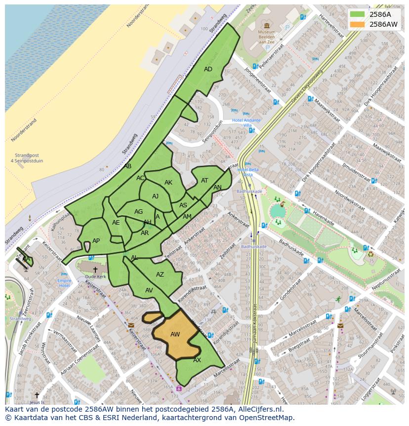 Afbeelding van het postcodegebied 2586 AW op de kaart.