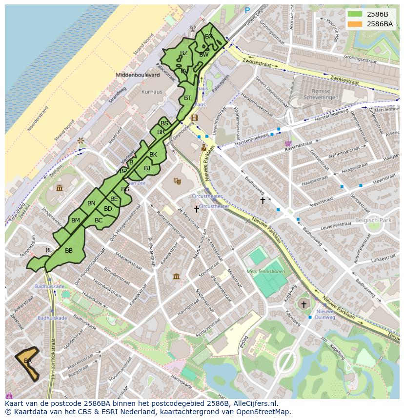 Afbeelding van het postcodegebied 2586 BA op de kaart.