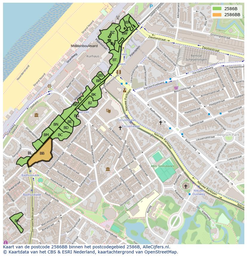 Afbeelding van het postcodegebied 2586 BB op de kaart.