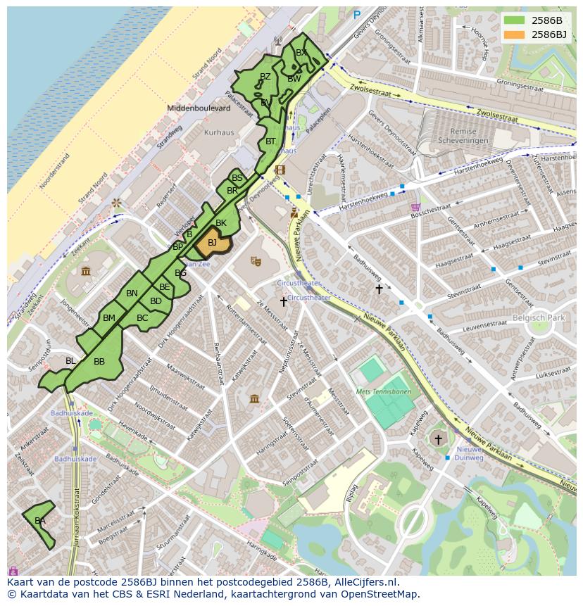 Afbeelding van het postcodegebied 2586 BJ op de kaart.
