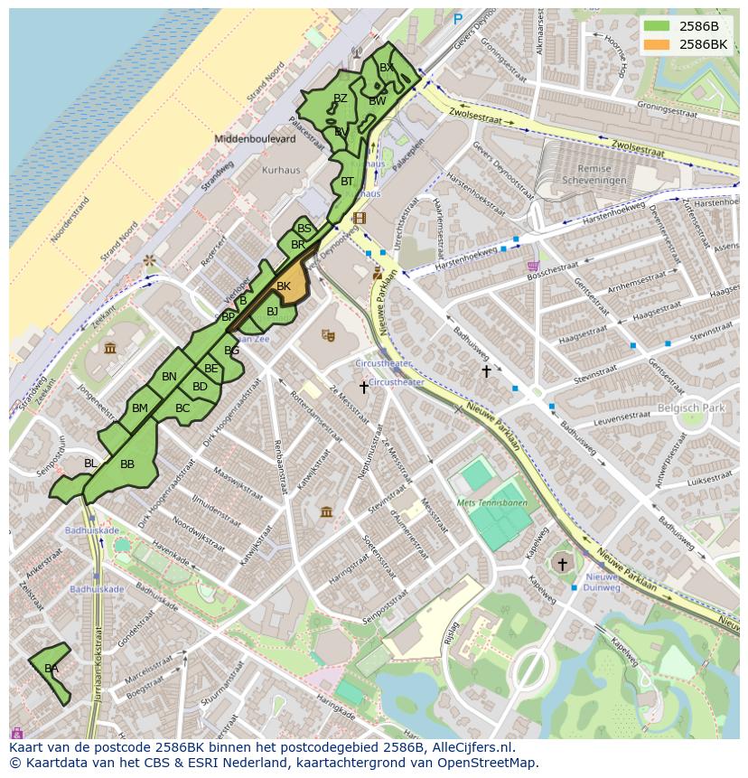 Afbeelding van het postcodegebied 2586 BK op de kaart.