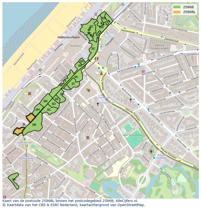 Afbeelding van het postcodegebied 2586 BL op de kaart.