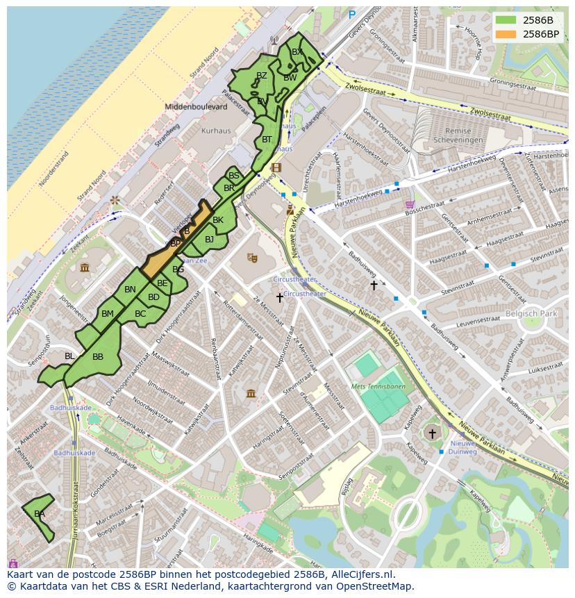 Afbeelding van het postcodegebied 2586 BP op de kaart.