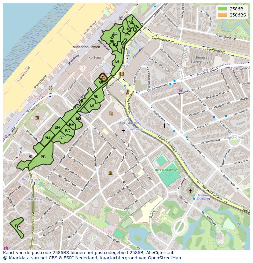 Afbeelding van het postcodegebied 2586 BS op de kaart.