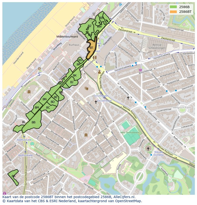 Afbeelding van het postcodegebied 2586 BT op de kaart.