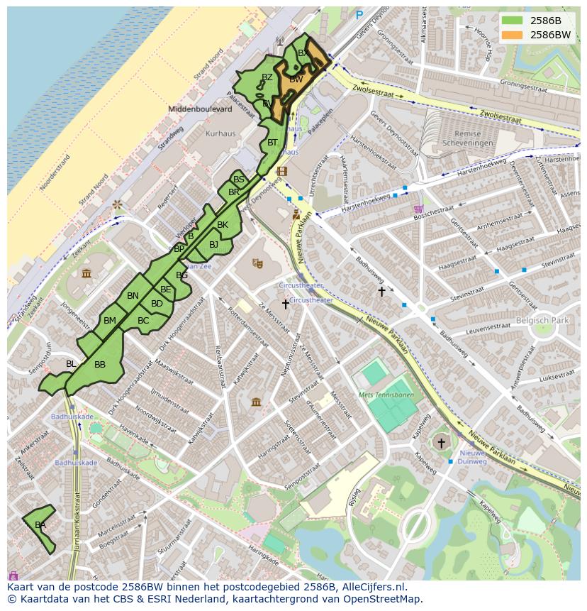 Afbeelding van het postcodegebied 2586 BW op de kaart.