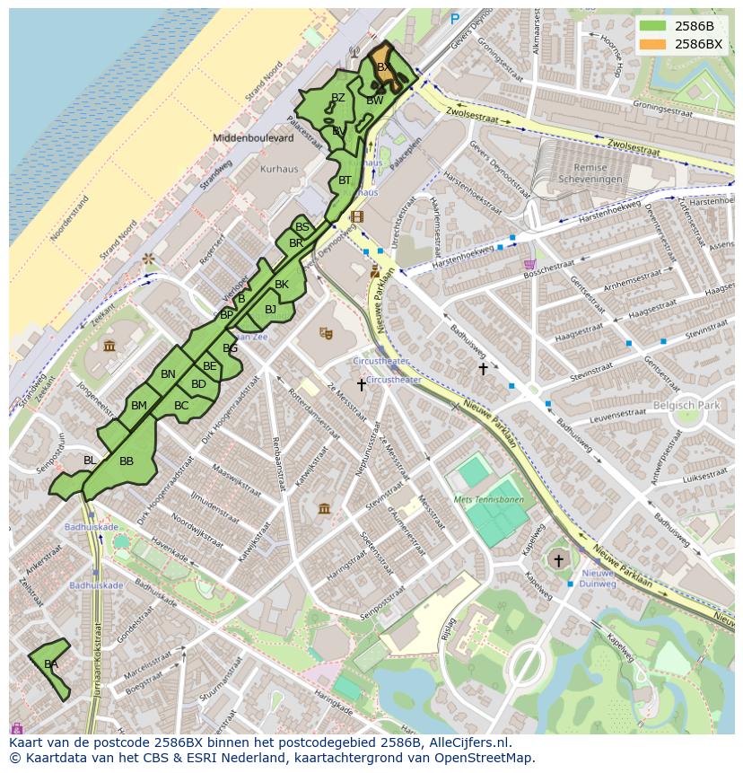 Afbeelding van het postcodegebied 2586 BX op de kaart.
