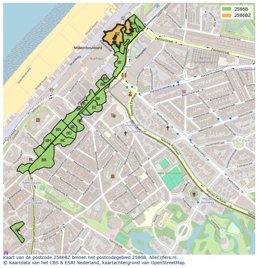 Afbeelding van het postcodegebied 2586 BZ op de kaart.