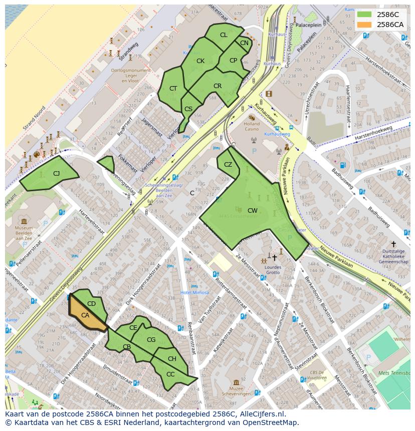 Afbeelding van het postcodegebied 2586 CA op de kaart.