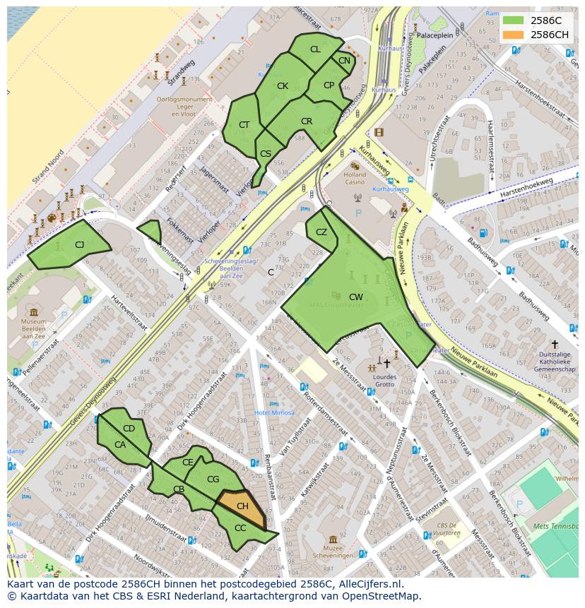 Afbeelding van het postcodegebied 2586 CH op de kaart.